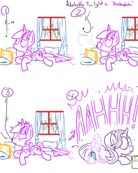 Size: 4779x6013 | Tagged: safe, artist:adorkabletwilightandfriends, spike, starlight glimmer, twilight sparkle, twilight sparkle (alicorn), alicorn, dragon, pony, spider, comic:adorkable twilight and friends, aaaaaaahhhhh, absurd resolution, adorkable twilight, comic, fail, lineart, lying down, rain, reading, screaming, shrunken pupils, slice of life, yelling