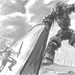 Size: 850x850 | Tagged: safe, artist:johnjoseco, applejack, human, crossover, gaius, grayscale, humanized, monochrome, shadow of the colossus