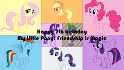 Size: 1920x1080 | Tagged: safe, artist:thearcanebrony, derpibooru import, applejack, fluttershy, pinkie pie, rainbow dash, rarity, spike, starlight glimmer, twilight sparkle, twilight sparkle (alicorn), alicorn, dragon, earth pony, pegasus, pony, unicorn, happy birthday mlp:fim, mane eight, mane seven, mane six, mlp fim's seventh anniversary, wallpaper