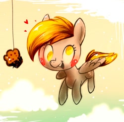 Size: 700x690 | Tagged: safe, artist:kchak, derpy hooves, pegasus, pony, blushing, cloud, female, fishing rod, heart, mare, muffin, solo, that pony sure does love muffins