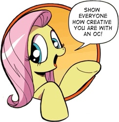 Size: 421x431 | Tagged: safe, idw, fluttershy, pegasus, pony, spoiler:comic, comic, female, good advice fluttershy, implied oc, looking at you, mare, meme, open mouth, solo