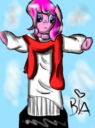 Size: 583x782 | Tagged: artist needed, safe, pinkie pie, earth pony, pony, cloak, clothes, crossover, jesus christ, pinkie pie is god, pinkie pious, ponified, solo, standing