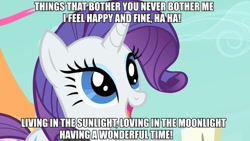 Size: 960x540 | Tagged: safe, screencap, rarity, pony, unicorn, happy, image macro, livin in the sunlight lovin in the moonlight, lyrics, song reference, tiny tim