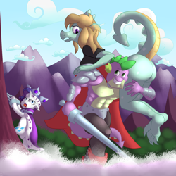 Size: 1500x1500 | Tagged: safe, artist:khorme, princess platinum, rarity, spike, oc, dragon, pony, unicorn, angry, beefspike, bondage, bottomless, chains, clothes, colored, corey powell, damsel in distress, feet, female, male, parody, plot, wrong damsel, yelling