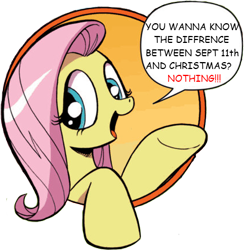 Size: 421x431 | Tagged: safe, edit, idw, fluttershy, pegasus, pony, 9/11, bad advice fluttershy, blue eyes, comic, dialogue, exploitable meme, female, mare, meme, open mouth, pink mane, raised hoof, raised leg, simple background, smiling, solo, speech bubble, talking to viewer, trolling, underhoof, yellow coat