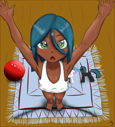 Size: 1900x2100 | Tagged: safe, artist:ruanshi, derpibooru exclusive, queen chrysalis, human, armpits, ball, blushing, child, cute, cutealis, dark skin, female, humanized, solo, toy, upsies, younger