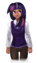 Size: 452x739 | Tagged: safe, artist:moon-beams, derpibooru import, twilight sparkle, horned humanization, humanized, solo, sweater vest