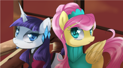 Size: 1200x660 | Tagged: dead source, safe, artist:loyaldis, fluttershy, rarity, pegasus, pony, unicorn, alternate hairstyle, clothes, dress, female, heart eyes, mare, wingding eyes