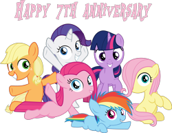 Size: 4775x3686 | Tagged: safe, artist:pink1ejack, derpibooru import, applejack, fluttershy, pinkie pie, rainbow dash, rarity, twilight sparkle, earth pony, pegasus, pony, unicorn, cute, dashabetes, diapinkes, female, filly, filly applejack, filly fluttershy, filly pinkie pie, filly rainbow dash, filly rarity, filly six, filly twilight sparkle, happy birthday mlp:fim, jackabetes, looking at you, mlp fim's seventh anniversary, raribetes, shyabetes, simple background, smiling, transparent background, twiabetes, vector, younger