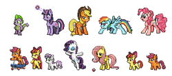 Size: 355x157 | Tagged: artist needed, source needed, safe, derpibooru import, apple bloom, applejack, fluttershy, pinkie pie, rainbow dash, rarity, scootaloo, spike, sweetie belle, twilight sparkle, dragon, earth pony, pegasus, pony, unicorn, cutie mark crusaders, mane six, pixel art, pokéball, simple background, sprite, white background