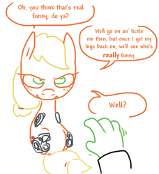 Size: 548x602 | Tagged: safe, artist:the weaver, applejack, oc, oc:anon, cyborg, human, amputee, dialogue, legless, simple background, tickling, white background