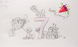 Size: 1024x623 | Tagged: safe, artist:loneless-art, derpibooru import, applejack, fluttershy, pinkie pie, rainbow dash, rarity, starlight glimmer, twilight sparkle, twilight sparkle (alicorn), alicorn, earth pony, pegasus, pony, unicorn, happy birthday mlp:fim, mlp fim's seventh anniversary, traditional art