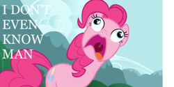 Size: 1594x800 | Tagged: safe, pinkie pie, earth pony, pony, female, i don't even know, image macro, mare, meme, open mouth, pinkie frogmouth, reaction image, solo