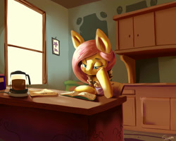 Size: 1280x1024 | Tagged: safe, artist:swomswom, fluttershy, pegasus, pony, book, cabinet, coffee, coffee machine, interior, kitchen, reading, solo