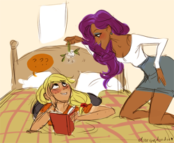 Size: 700x576 | Tagged: dead source, safe, artist:emmy, applejack, rarity, bed, blushing, book, clothes, dark skin, female, flower, humanized, imminent kissing, lesbian, mistletoe, prone, question mark, rarijack, reading, shipping, skirt, speech bubble, tan lines, tube skirt