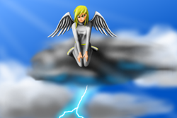 Size: 1664x1109 | Tagged: safe, artist:gravitythunder, derpy hooves, cloud, cloudy, humanized, solo, winged humanization