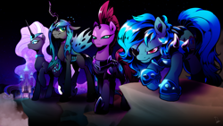 Size: 3000x1688 | Tagged: safe, artist:dormin-dim, nightmare rarity, queen chrysalis, tempest shadow, oc, changeling, changeling queen, pony, armor, broken horn, castle of the royal pony sisters, commission, eye scar, eyepatch, horn, night, scar, scenery, stars