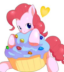 Size: 889x1000 | Tagged: safe, artist:tnmrhd0, pinkie pie, earth pony, pony, cupcake, cute, diapinkes, female, food, heart, mare, simple background, sitting, solo, white background