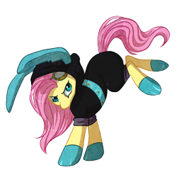 Size: 850x850 | Tagged: safe, artist:noxxplush, fluttershy, pegasus, pony, badass, bunny ears, clothes, dangerous mission outfit, female, flutterbadass, goggles, hoodie, kick, mare, simple background, solo, transparent background