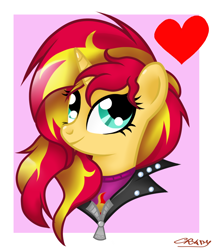 Size: 900x1050 | Tagged: safe, artist:sunsetcrady, sunset shimmer, pony, unicorn, equestria girls, clothes, cute, equestria girls outfit, heart, leather jacket, shimmerbetes, signature, solo