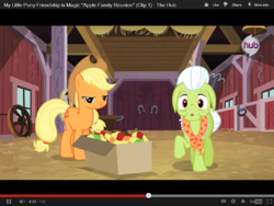 Size: 1024x768 | Tagged: safe, screencap, applejack, granny smith, earth pony, pony, apple family reunion, box, hub logo, hubble, link, preview, youtube, youtube link