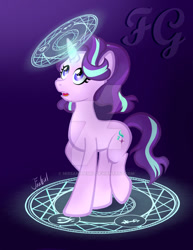 Size: 600x776 | Tagged: safe, artist:missanimegrl, starlight glimmer, pony, unicorn, glyph, gradient background, hilarious in hindsight, magic, magic circle, solo, watermark