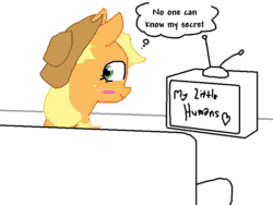 Size: 800x600 | Tagged: safe, artist:the weaver, applejack, earth pony, pony, blush sticker, blushing, closet humie, humie, my little human, simple background, solo, television, white background