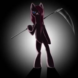 Size: 960x960 | Tagged: safe, artist:dertaii, pinkie pie, pony, bipedal, dark, female, looking at you, mare, pinkamena diane pie, scythe, silhouette, solo