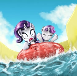 Size: 800x792 | Tagged: safe, artist:reillyington86, rarity, sweetie belle, pony, unicorn, inner tube, water park, water slide