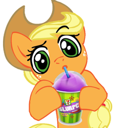 Size: 500x500 | Tagged: safe, edit, applejack, earth pony, pony, 7-eleven, cup, looking at you, shrug, shrugpony, sipping, slurpee