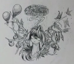 Size: 922x795 | Tagged: safe, artist:discommunicator, derpibooru import, twilight sparkle, twilight sparkle (alicorn), alicorn, pony, magical mystery cure, balloon, bust, monochrome, portrait