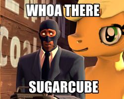 Size: 1280x1024 | Tagged: safe, applejack, earth pony, pony, eppaljeck, gmod, image macro, imminent rape, spy, team fortress 2, text