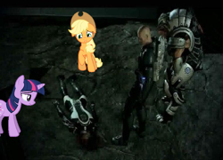 Size: 759x546 | Tagged: safe, derpibooru import, applejack, twilight sparkle, earth pony, pony, death, grunt, jacob taylor, mass effect, sad, shepard