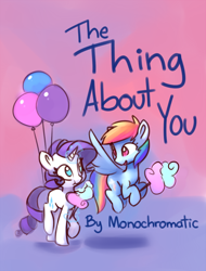 Size: 1064x1400 | Tagged: safe, artist:lilfunkman, derpibooru import, rainbow dash, rarity, pegasus, pony, unicorn, balloon, cotton candy, fanfic, fanfic art, fanfic cover, female, flying, food, glowing horn, lesbian, looking at each other, magic, mare, raridash, shipping, telekinesis