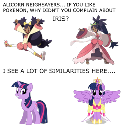 Size: 1000x1000 | Tagged: safe, derpibooru import, twilight sparkle, twilight sparkle (alicorn), alicorn, human, magical mystery cure, alicorn drama, big crown thingy, clothes, comparison, coronation dress, crown, dress, iris (pokémon), op is a cuck, op is trying to start shit, pokémon, pokémon black and white, text