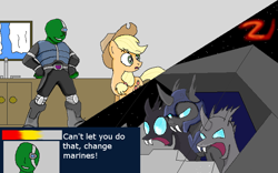 Size: 640x400 | Tagged: safe, applejack, oc, oc:anon, changeling, earth pony, pony, parody, star fox