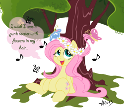 Size: 1000x877 | Tagged: safe, artist:arnachy, fluttershy, butterfly, pegasus, pony, animal, floral head wreath, flower, i wish i was a punk rocker, mane styling, music notes, relaxing, sandi thom, simple background, singing, sitting, solo, song, song reference, speech bubble, transparent background, tree, under the tree, wreath