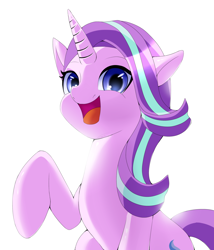 Size: 1024x1196 | Tagged: safe, artist:suziouwabami, starlight glimmer, pony, unicorn, cute, glimmerbetes, looking at you, open mouth, raised hoof, simple background, smiling, solo, white background