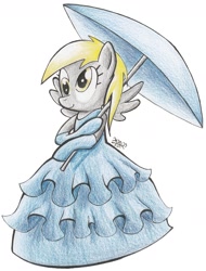 Size: 1824x2400 | Tagged: safe, artist:aqnichols, derpy hooves, pony, bipedal, clothes, dress, solo, traditional art, umbrella