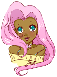 Size: 324x438 | Tagged: safe, artist:jazzie-simone, fluttershy, bra strap, bust, clothes, dark skin, humanized, off shoulder, off shoulder sweater, portrait, solo, sweater, sweatershy