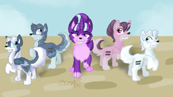 Size: 1024x576 | Tagged: safe, artist:usagi-zakura, double diamond, night glider, party favor, starlight glimmer, sugar belle, wolf, equal cutie mark, my little wolf, species swap