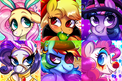 Size: 1500x1000 | Tagged: safe, artist:floretle, derpibooru import, applejack, fluttershy, pinkie pie, rainbow dash, rarity, twilight sparkle, earth pony, pegasus, pony, undead, unicorn, vampire, vampony, bunny ears, clothes, clown, costume, halloween, hat, holiday, icon, mane six, mummy, pirate, witch, witch hat