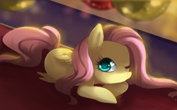 Size: 784x485 | Tagged: dead source, safe, artist:loyaldis, fluttershy, pegasus, pony, female, heart eyes, looking at you, on side, one eye closed, solo, starry eyes, wingding eyes