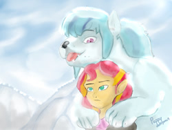 Size: 1024x768 | Tagged: safe, artist:puppysoftpaws, sonata dusk, sunset shimmer, anthro, dog, werewolf, fanfic:sunset shimmer and the big blue wolf, equestria girls, dogified, fanfic art, female, lesbian, puppy, shipping, species swap, sunata, weredog