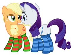 Size: 900x675 | Tagged: safe, artist:alexiy777, applejack, rarity, earth pony, pony, unicorn, clothes, female, lesbian, rarijack, shipping, socks, striped socks