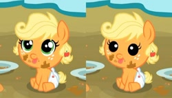 Size: 478x271 | Tagged: safe, artist:glancojusticar, edit, edited screencap, screencap, applejack, earth pony, pony, apple family reunion, baby, baby pony, babyjack, comparison, hilarious in hindsight