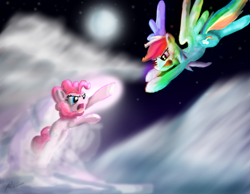 Size: 3229x2504 | Tagged: safe, artist:phendyl, derpibooru import, pinkie pie, rainbow dash, earth pony, pegasus, pony, flying, high res, hotblooded pinkie pie, magic, night