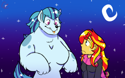Size: 1024x640 | Tagged: dead source, safe, artist:hateful-minds, sonata dusk, sunset shimmer, anthro, dog, werewolf, fanfic:sunset shimmer and the big blue wolf, equestria girls, :p, breasts, clothes, crescent moon, dogified, drool, fanfic, fanfic art, female, frown, height difference, lesbian, night, puppy, scarf, shipping, size difference, sky, smiling, sonata bust, species swap, stars, sunata, sweat, sweatdrop, tongue out, weredog, wide eyes