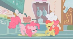 Size: 627x337 | Tagged: safe, screencap, apple bloom, pinkie pie, earth pony, pony, call of the cutie, bedroom eyes, chef's hat, cupcakes song, hat, kitchen, out of context