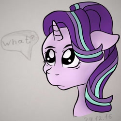 Size: 1000x1000 | Tagged: safe, artist:poloflede, starlight glimmer, pony, unicorn, bust, floppy ears, looking at something, looking up, portrait, solo, speech bubble